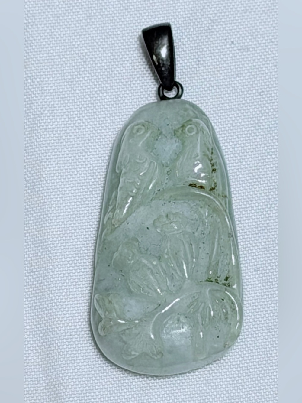 Sterling Silver Bail Nephrite Jade Pendant Carved Love Birds Floral 29mm 6g 925